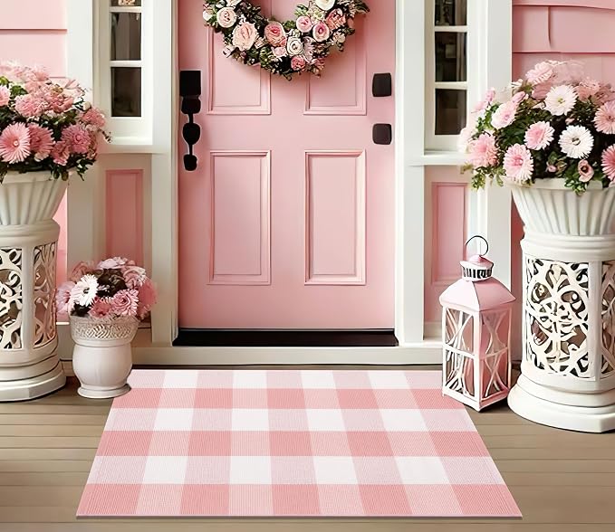 Pink and White Front Door Mat 24''X35'' Buffalo Plaid Checked Front Porch Rug Cotton Woven Washable Rug Layering Doormat for Welcome Door Mat Entryway Dining Room Bedroom Living Room
