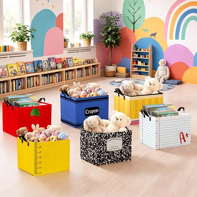 6 Pack Back to School Teacher Baskets with Handles Collapsible Rectangle Storage Basket Pencil Notebook Apple Ruler Crayon Cute Canvas Organizer Bin for Classroom Gifts Book Closet Shelf Nursery Decor