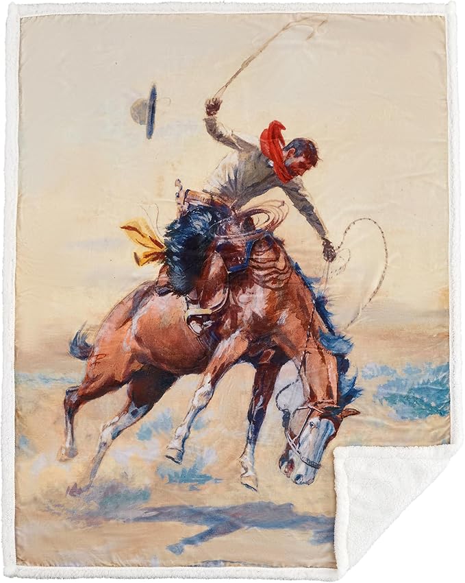 Paseo Road Indigo Hill by HiEnd Accents Buster 54x68 Cream Throw Blanket | Cowboy Horse Print, Rustic Southwestern Rodeo-Style Western Sherpa Fleece Blanket for Camping Outdoors
