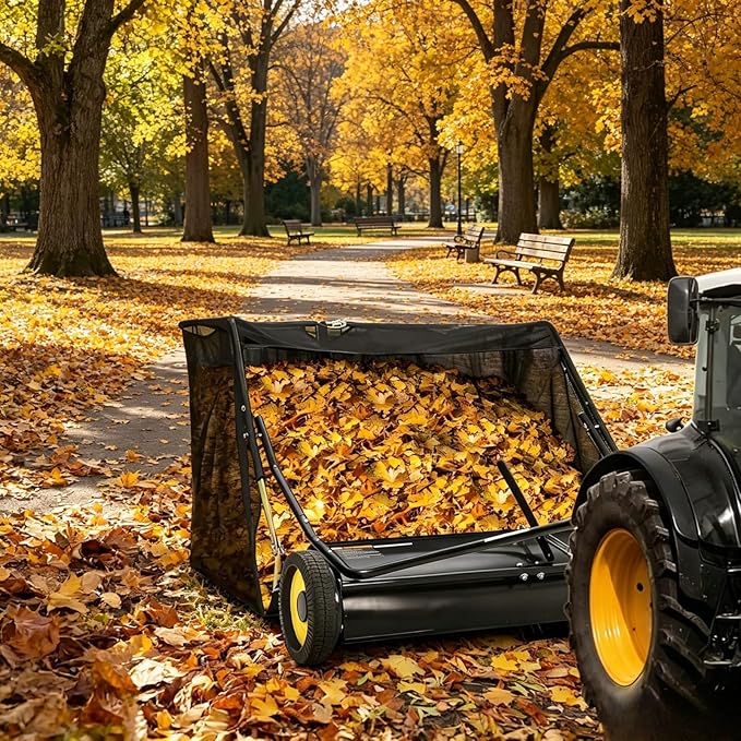 44" Large Capacity Pull Behind Lawn Sweeper with Adjustable Sweeping Height - Leaf & Grass Collector with Dumping Rope Design for Picking Up Grass and Debris