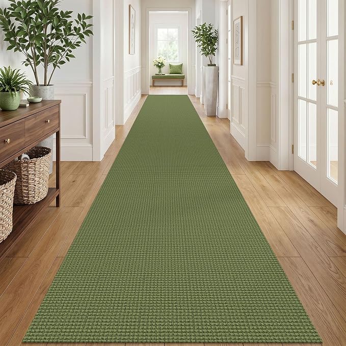 IOHOUZE Washable Exrea Long Hallway Runner Rug 3x20 Non Slip Rubber Backed Kitchen Runner Entryway Runner Indoor, Woven Rugs Floor Carpet for Kitchen Hall Entryway, Olive Green/Earthy Green