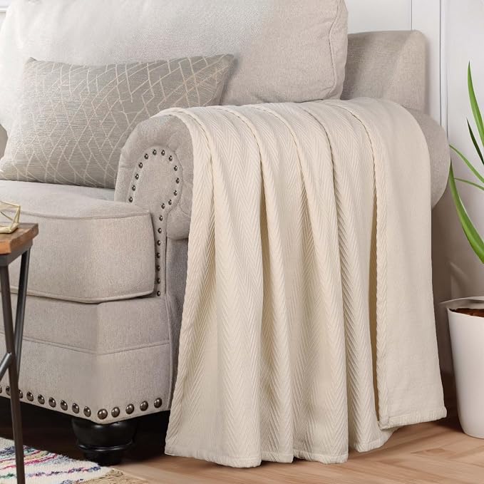 Superior Metro All-Season Cotton Blanket, Woven Blanket for Couch, Bed, Bedding, Farmhouse, Home Essentials, Cute and Cozy Bohemian Blankets, Herringbone Weave, Twin Size, Ivory