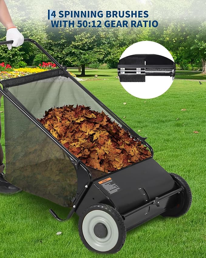 26 in Push Lawn Sweeper,4 Spinning Brushes, 7 Cu. Ft. Large Capacity Collection Bag,Adjustable Height, Durable Steel Frame with Rubber Wheels, for Grass, Leaves & Debris Collector on All Terrains