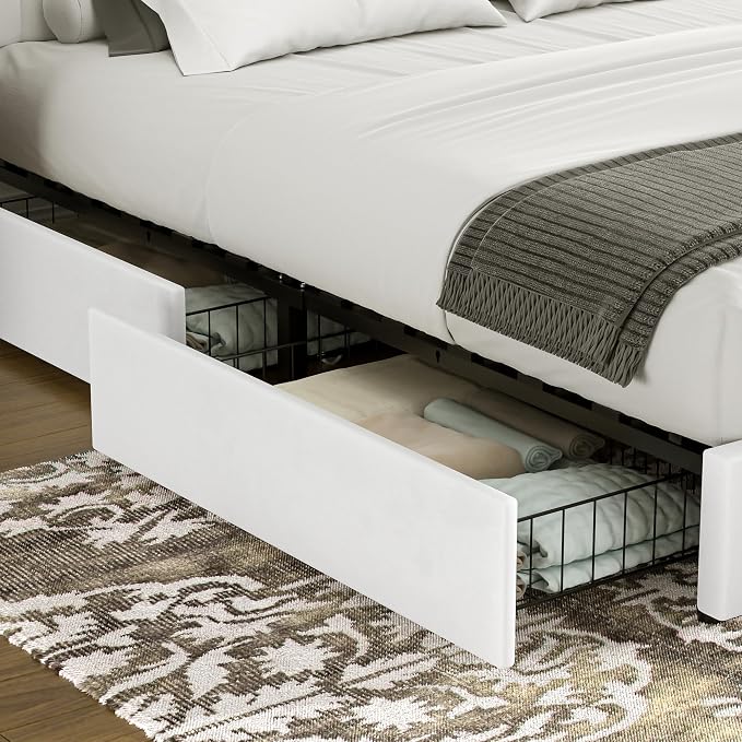 VECELO Full Size Upholstered Bed Frame with 4 Drawers and Headboard, Velvet Platform Storage Bedframe, Wooden Slats Support, No Box Spring Needed,Snow-White