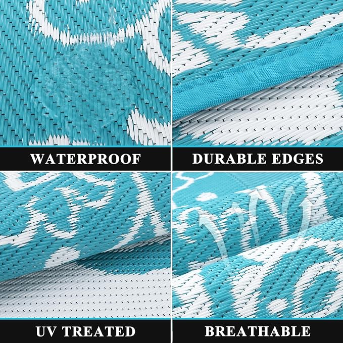 Pauwer Outdoor Rug 10x14, Waterproof Plastic Straw Camping Rug, Boho Teal | Reversible Patio Rug, UV Resistant Indoor Outdoor RV Mat Carpet For Deck, Camper, Porch, Balcony, Backyard, Picnic, Foldable