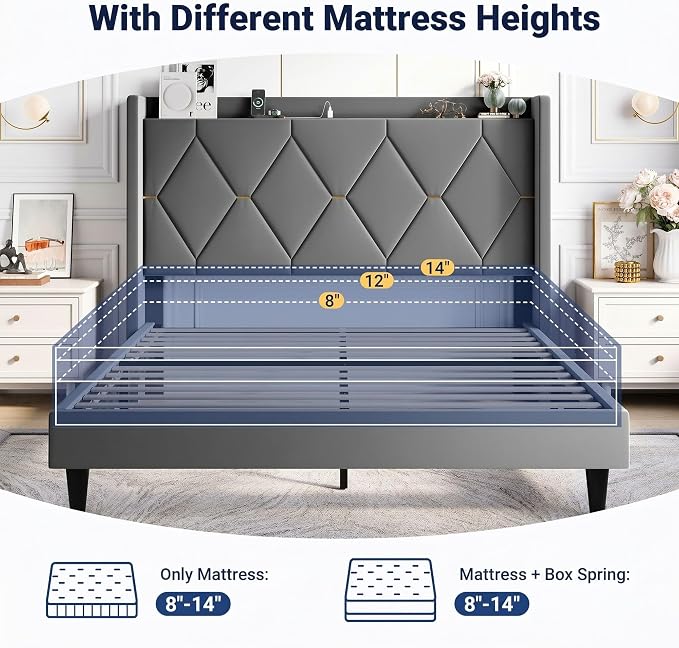 Allewie Queen Bed Frame with Storage Headboard & Charging Station | Diamond Tufted Design & Gold Trim, Velvet Upholstered Platform Bed, No Box Spring Needed, Easy Assembly, Noise-Free, Grey