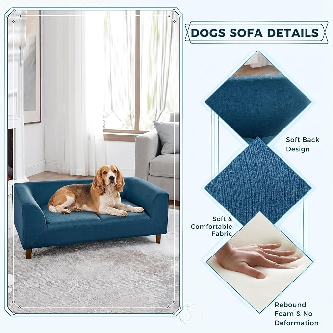 Dog Sofa Couch for Medium Dogs, Memory Foam Dog Sofa Bed, Modern Elevated Pet Couch Bed with Wooden Legs, Blue