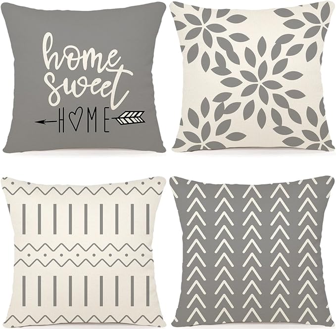 YCOLL Pillow Covers 16x16 Set of 4, Modern Sofa Throw Pillow Cover, Decorative Outdoor Linen Fabric Pillow Case for Couch Bed Car，Gray