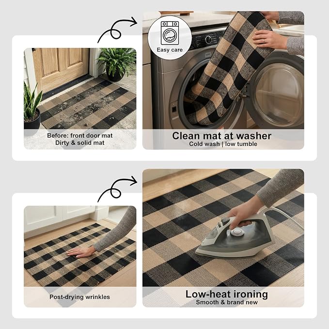Uphome Bufflo Plaid Outdoor Rug 2'x4.3', Black Natural Checkered Front Door Mat for Fall Decor, Indoor Outdoor Farmhouse Cotton Porch Rug for Layered Door Mats, Washable Carpet Runner for Entryway