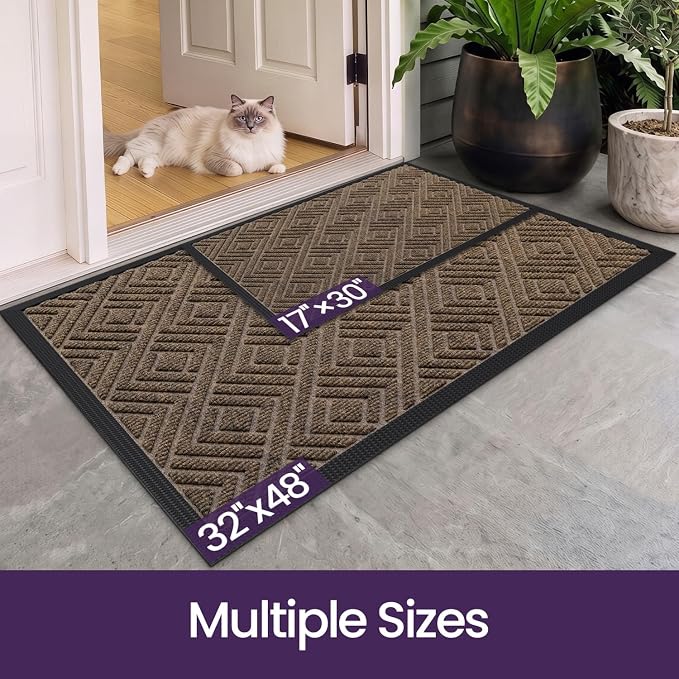 DEXI Front Door Mat Outside Entrance, Heavy Duty Entry Doormat Dirt Trapper with Rubber Back, Non Slip Low Profile Welcome Floor Mats for Entryway Exterior Patio, 32x48, Checkered Brown