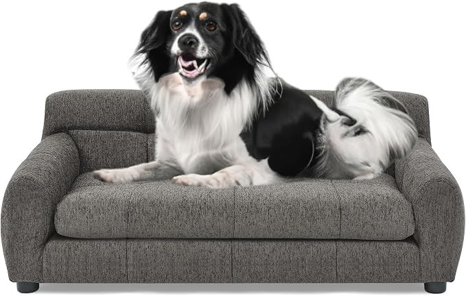 38" Dog Sofa Couch Bed for Small, Medium, Large Dogs, Soft Memory Foam Pet Sofa with Durable Linen Fabric, Comfortable Pet Couch with Backrest and Armrests, Easy to Clean and Maintain（Dark Grey）
