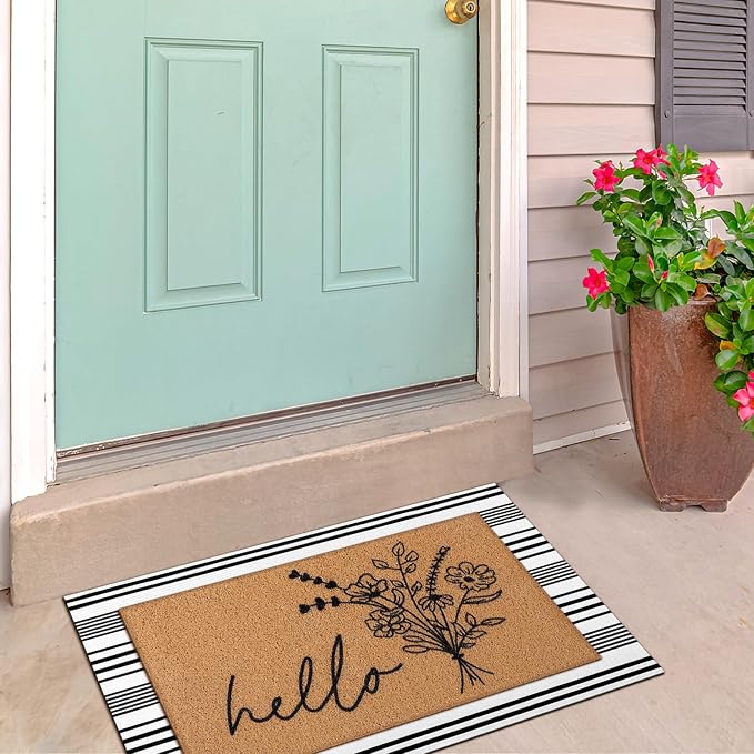 Tinideya 2 Pcs Farmhouse Welcome Mats for Front Door, Hello Floral Layered Doormat Set with Black White Striped Rug, Front Porch Rug Set for Entryway Patio Outdoor Decor