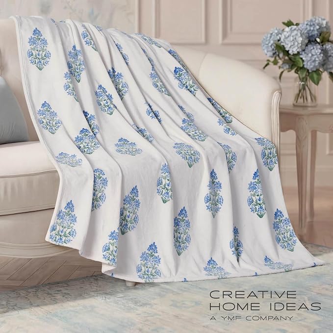 Oversized Plush Throw Blanket 60" x 70", Floral Block Print Blue