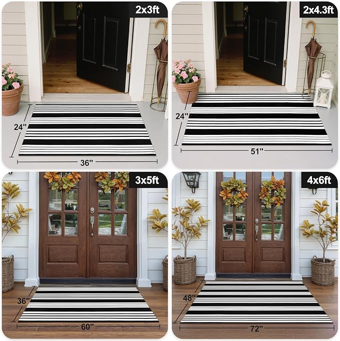 OJIA Black and White Striped Outdoor Rug 24"x51" Front Door Mat Porch Rugs | Washable Fall Front Door Mat Outside Entrance Entry Rug Doormat Outside Cotton Woven Indoor Area Rugs for Entryway Decor
