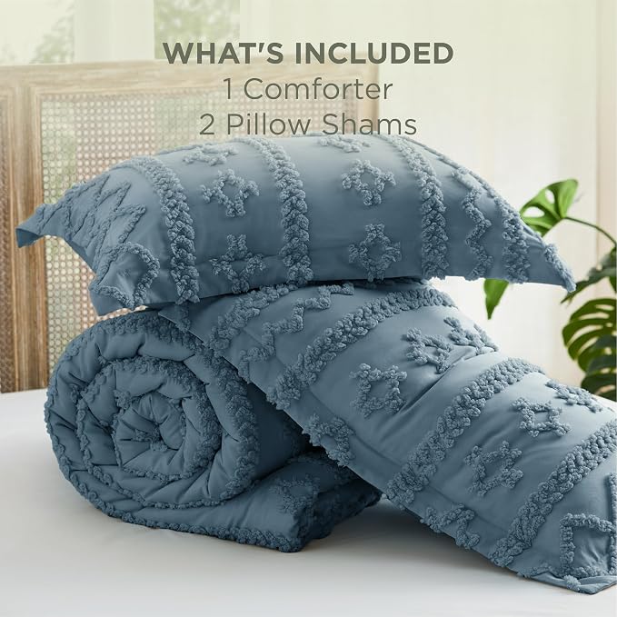 Bedsure Tufted Boho Comforter Set Oversized Queen - Dusty Blue Boho Bed Set, GentleSoft™ 3 Pieces Farmhouse-Style Embroidery Bedding, Gifts for Woman, Soft Jacquard Kids' Comforter for All Seasons