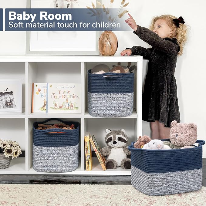 Goodpick Cotton Rope Storage Basket for Shelves, 13" x 10" x 9", Blue | Books, Toys & Towels Storage, Closet & Cube Organizer, Reinforced Handles, Decorative Home Organization