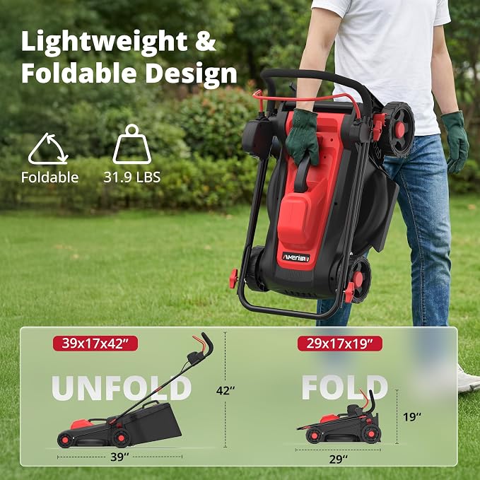 AMERISUN 14-Inch Corded Electric Lawn Mower, 12.5 Amp 3400RPM 2IN1 Mulching & 10-Gallon Collection Bag, Push Mower with 6-Position Cutting Height, Lightweight Electric Mower for Residential Yards
