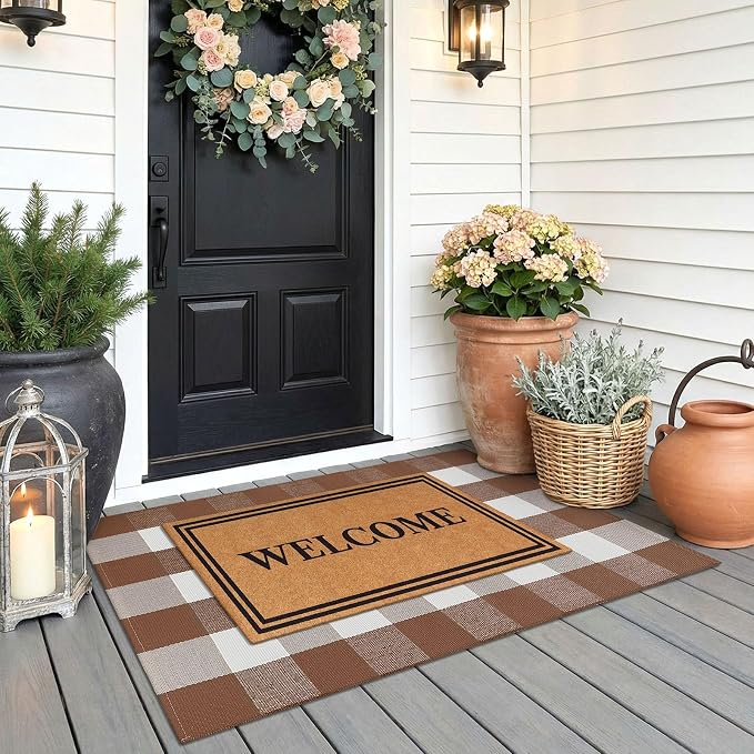 KOZYFLY Buffalo Plaid Area Rugs 2.3x3.6 Ft Brown and White Rug Washable Front Door Mat Woven Cotton Indoor Outdoor Rug for Front Porch Kitchen Entryway Patio Farmhouse Checkered Doormat