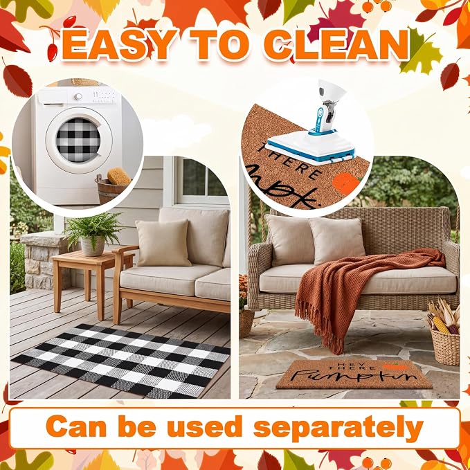 2 Pcs Fall Coir Doormat Outdoor Hey Pumpkin Welcome Outdoor Rugs for Layered Buffalo Black White Plaid Mats for Thanksgiving Autumn Fall Front Door Porch Entryway Decor