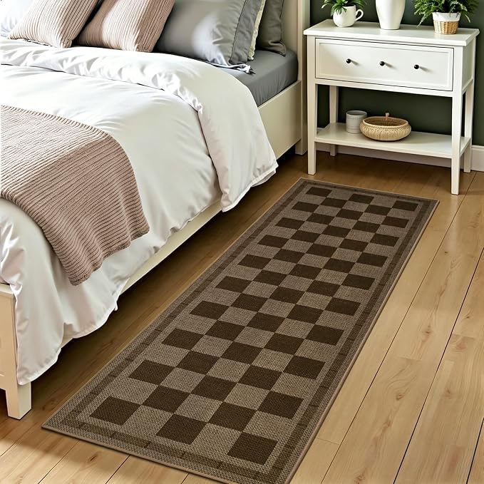 Vasofe 2x6 Jute Checkered Rugs, Outdoor Runner, Runner Rug for Hallway | Washable Patio Porch Balcony Runners Indoor Bedroom Kitchen Laundry Mat, Non Slip Plaid Farmhouse Carpet, Nature and Brown
