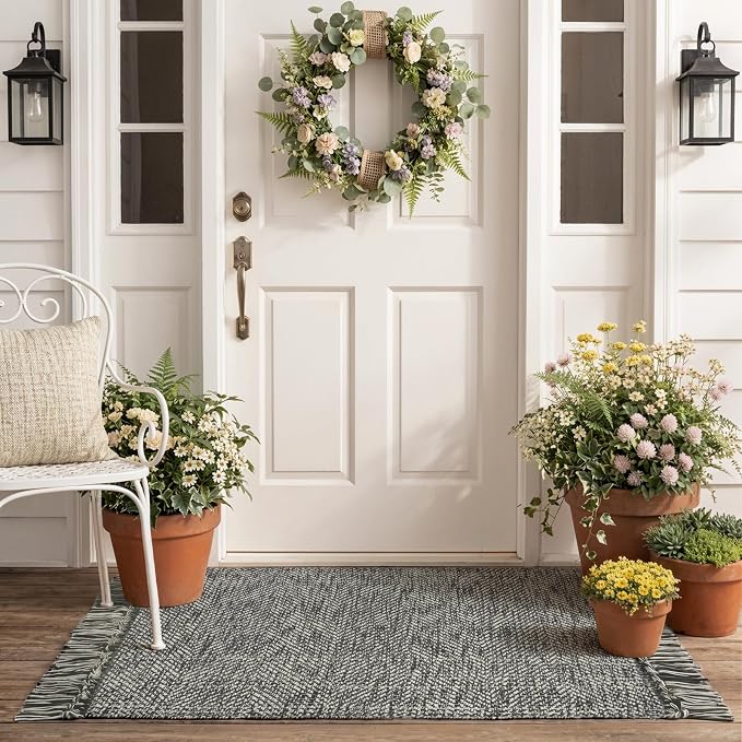 Collive 2' x 4.3' Indoor Outdoor Rug, Modern Farmhouse Kitchen Runner Rugs Hand-Woven Bathroom Rugs, Boho Washable Entry Carpet Grey Reversible Front Door Mats for Laundry Bedroom Porch Decor