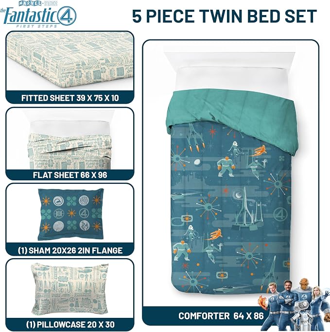 Marvel Fantastic Four Twin Comforter Set 5 Piece Superhero Bedding, Blue | Bed in a Bag, Comforter Sheets Sham Pillowcase, Official Product, Soft Microfiber, Machine Washable, Easy Care, Kids Gift