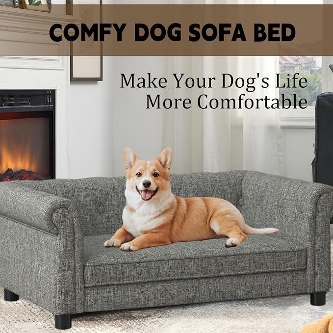 39" Dog Sofa Couch Bed for Small, Medium, Large Dogs,Memory Foam Pet Sofa with Removable Cover, Comfortable Pet Couch with Backrest and Armrests, Easy to Clean and Maintain（Light Grey）