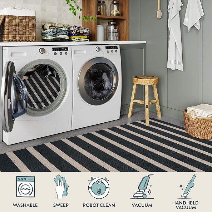 Lahome Striped Easy Jute Outdoor Patio Rug, 5x7 Living Room Washable Rugs | Dining Room Area Rug Black, Modern Farmhouse Neutral Non Slip Non Shedding Carpet for Porch Deck Classroom Entryway Office