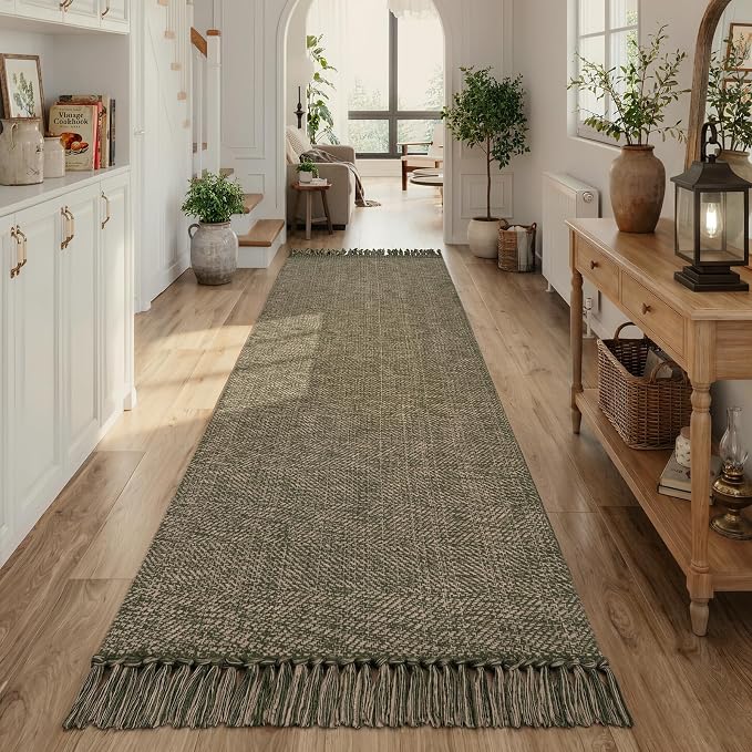 Collive Hallway Runner Rug 2.6' x 10', Boho Washable Kitchen Runner Rugs Hand Woven Bathroom Mats, Moss Green Modern Farmhouse Indoor Entry Hall Carpet for Bedroom Entrance Porch Decor
