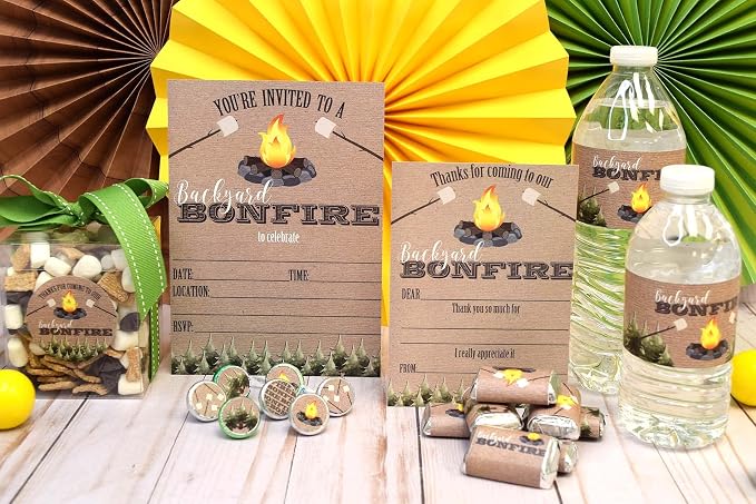 Backyard Bonfire Birthday Party Bundle Includes 20 each of Invitations & Thank You Cards with Envelopes + 2 Different Sizes of Stickers, Mini Candy Bar Wrappers, & Water Bottle Labels!