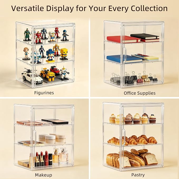 Attelite Acrylic Display Case for Collectibles Adjustable 3-Tiers，1Pack | 3 Adjustable Layers,Tool-free Assembly,Clear Display for Figures, Magnetic Door, Stackable Design,Dustproof