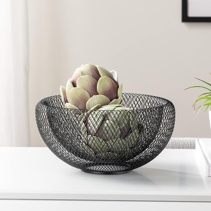 Torre & Tagus 9 Inch Black Double Wall Wire Mesh Metal Decorative Bowl, Modern Fruit Bowl Basket for Kitchen Island, Dining Room Table, Entryway Console, Great Room Accent Table, Home Office Decor