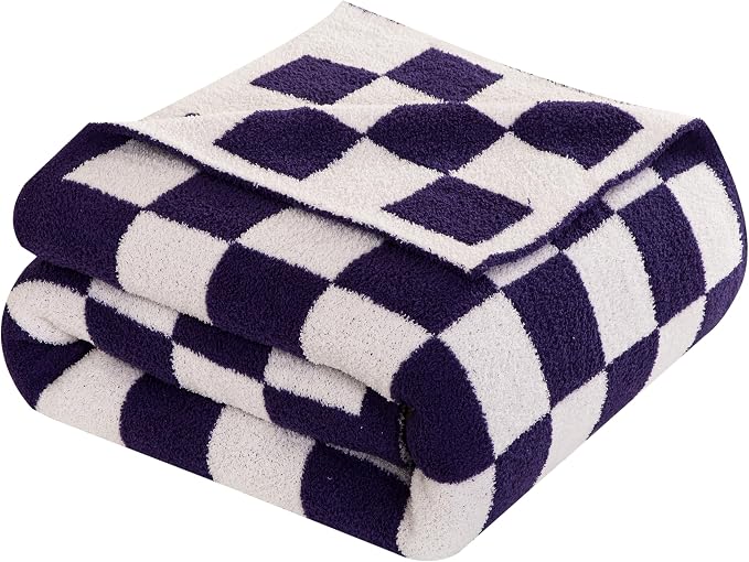 Elegant Comfort Checkered Throw Blanket, Purple Super Soft Cozy Fluffy Warm Throw Blankets for Couch, Sofa, Chair, Bed, Camping, Picnic, Travel Lightweight Bed Blanket (50" x 70")