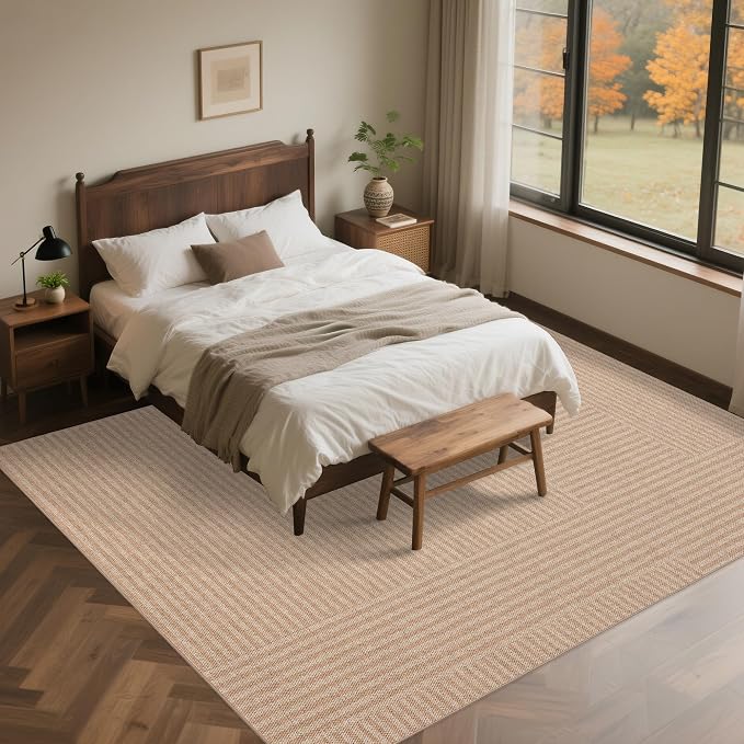 Easy Jute Rug for Pet Homes: 8x10 Outdoor Rug - Beige Stripes | Washable Design Cuts Your Cleaning Time by 75% and Maintain Shape and Texture after 50 Washes