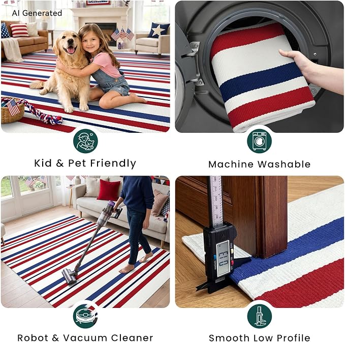 KOZYFLY 250th Anniversary Patriotic Doormat Blue Red White Striped Rug 4x6 ft Front Door Rugs 4th of July Memorial Day Woven Washable Outdoor Rug for Front Porch Farmhouse Patio Independence Day Decor