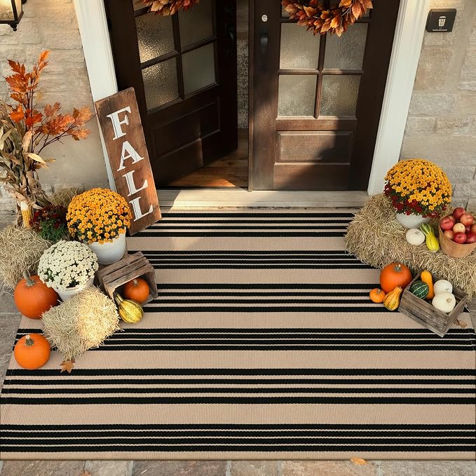 KIMODE Indoor Outdoor Rug 4'x6',Washable Reversible Black and Khaki Striped Rug,Cotton Hand Woven Patio Rug Floor Carpet, Farmhouse Fall Decor Porch Rug for Outdoor Backyard Living Room