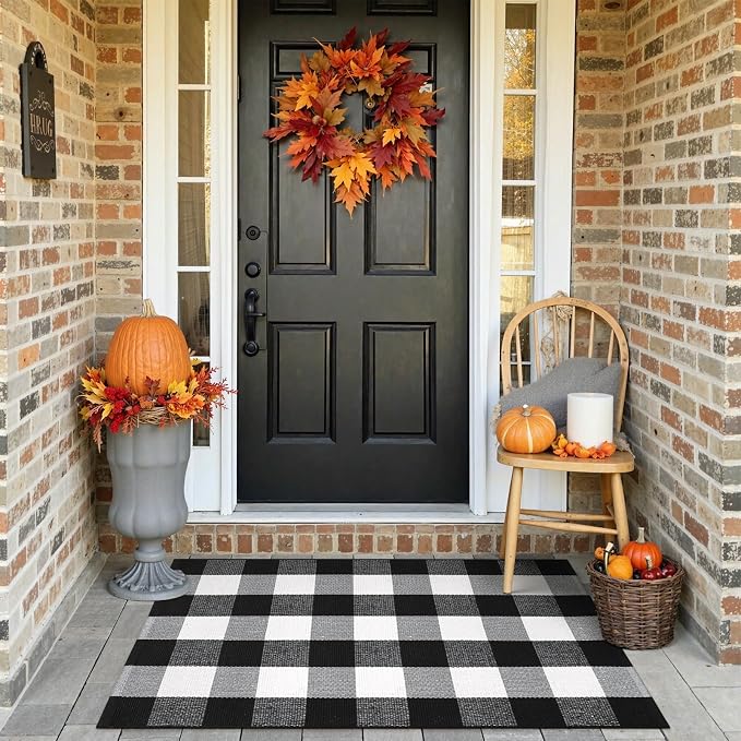 KIMODE Front Door Mat Buffalo Plaid Outdoor Rug 27.5"x43" Black and White Checkered Rug Farmhouse Front Porch Rug Outdoor Fall Decor Cotton Woven Washable Layered Door Mats