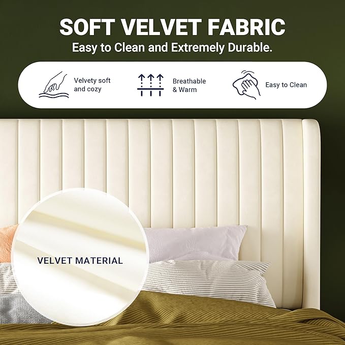 Allewie King Size Velvet Bed Frame/Vertical Channel Tufted Wingback Headboard/Upholstered Platform Bed/No Box Spring Needed/Strong Wooden Slats/Easy Assembly/Cream White