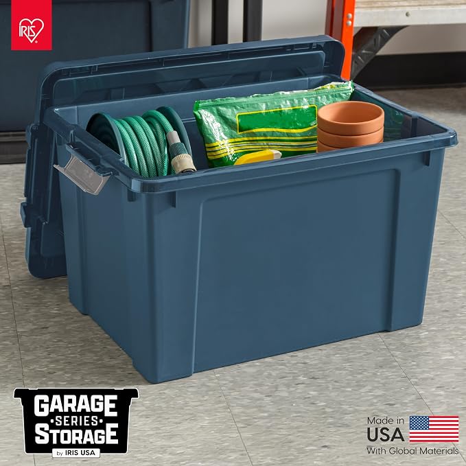 IRIS USA 4-Pack 19 Gal Heavy Duty Lockable Storage Totes with lids, Navy | Perfect for moving, garage organization, outdoor equipment and jobsite storage, Designed for dependable everyday use