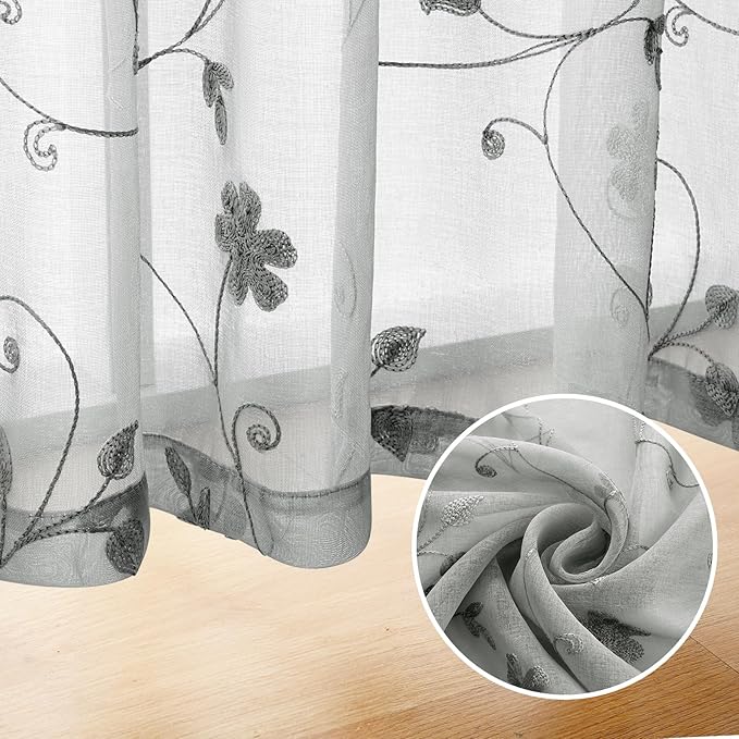 HOMEIDEAS Grey Sheer Curtains 63 Inches Long 2 Panels Embroidered Floral - Image 5