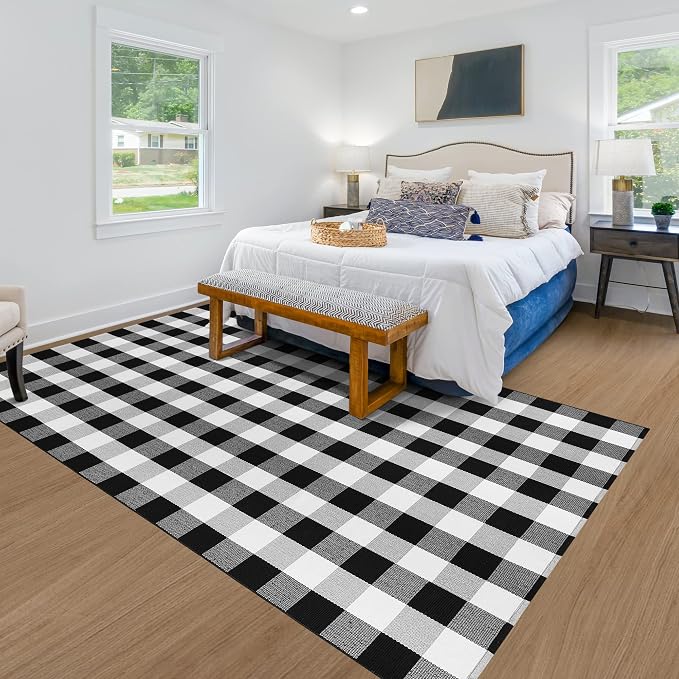 Buffalo Plaid Rug 5x8 Feet Black and White Checkered Area Rug Cotton Indoor Outdoor Washable Farmhouse Decor
