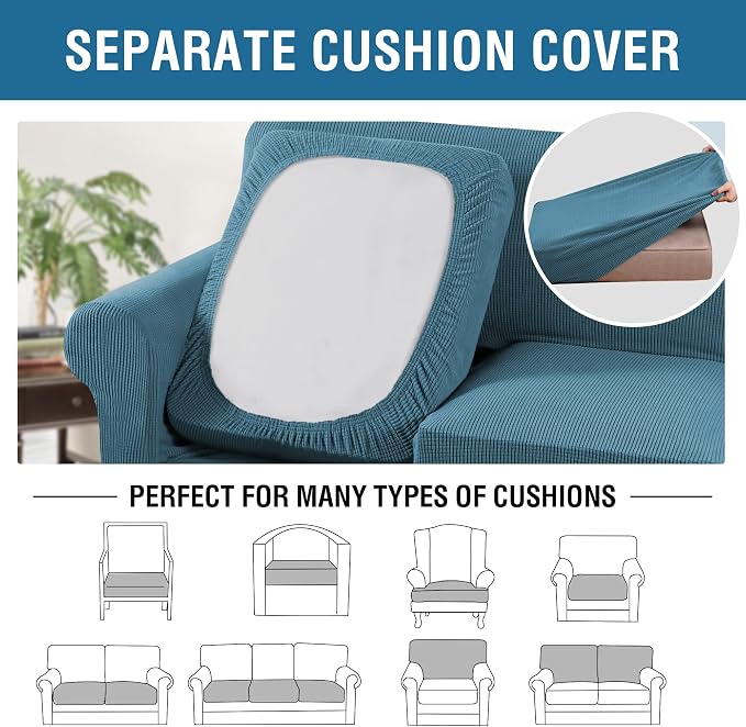 H.VERSAILTEX 3PC Stretch Sofa Covers for Loveseat - Base & 2 Seat Cushions, Thicker Jacquard Fabric (Medium, Storm Blue)