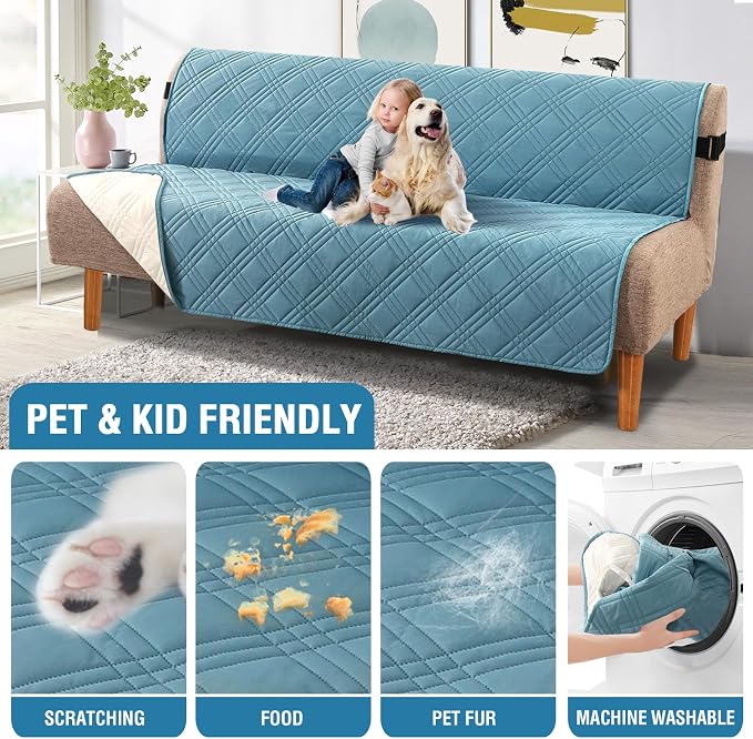H.VERSAILTEX 100% Waterproof Futon Couch Cover Reversible Sofa Slipcovers Armless Daybed Cover Soft Thicken Sofa Bed Cover for Dog with Adjustable Elastic Strap Non-Slip, Smoke Blue/Beige