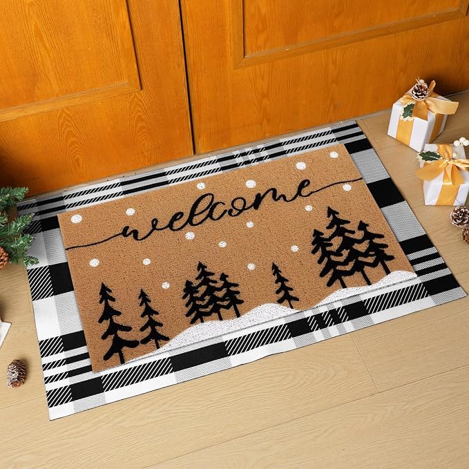 Tinideya 2 Pcs Door Mat Welcome Non Slip Coir Mats Floor Layering Doormats Seasonal for Front Porch Entryway Decor(Snowy Tree)