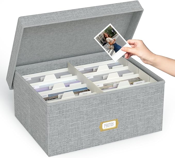 Decorative Photo Storage Box, Linen Photo Box Holds 1700 5x7 Pictures Grey | Photo Storage Containers with 8 Dividers, Memory Keepsake Organizer for Photos, Scrapbook Supplies, Cards, Stamps,Archive Box