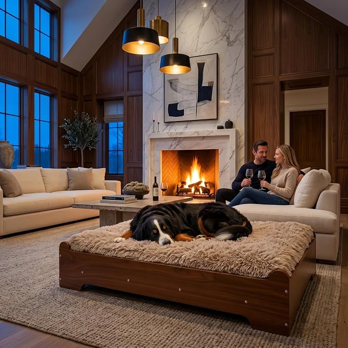 Elevated Wooden Dog Bed with Foam Mattress, Walnut, Large | Raised Dog Bed with Washable Cover and Supportive Foam Mattress, Crafted for Large Dogs and Modern Homes