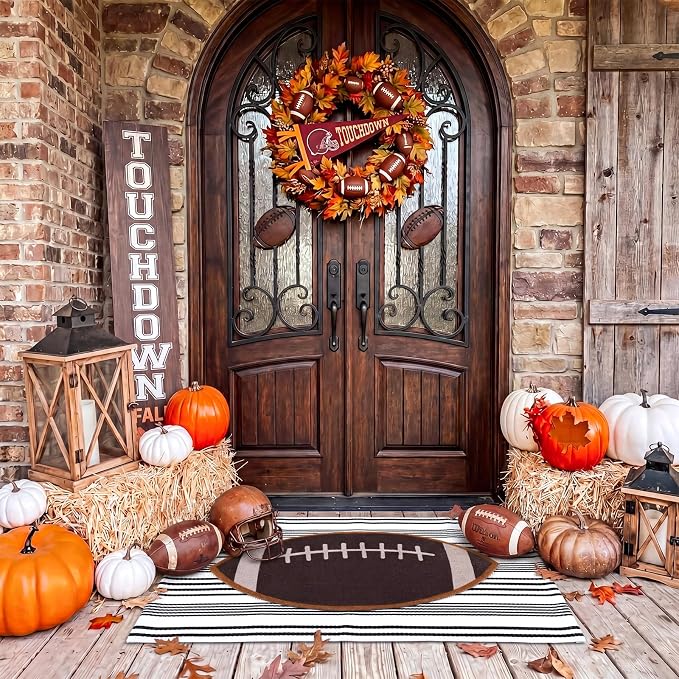 Moucuny 2 Pcs Football Coir Doormat Outdoor 16'' x 28'' Rugby Ball Welcome Outdoor Mats Layered 24'' x 35'' Black White Striped Rugs for Front Door Porch Entryway Decor for Game Day, Home Gym