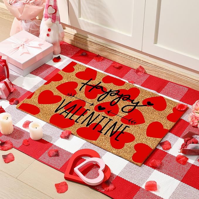 Moucuny 2 Pcs Valentine's Day Coir Welcome Doormat Valentine's Day Rug Outdoor Layered Buffalo Plaid Red and White Mat Red Heart Mat for Front Porch Outdoor Entryway
