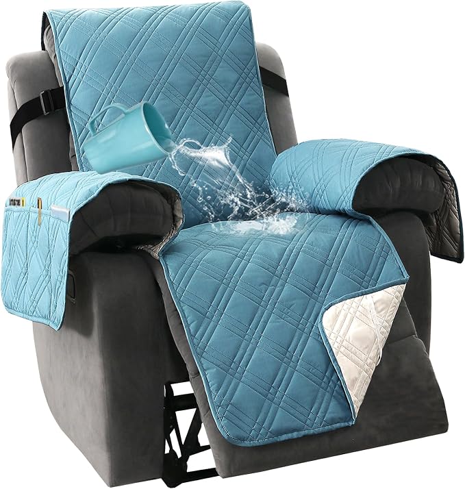 H.VERSAILTEX 100% Waterproof Small Recliner Chairs for Adults Lazy Boy Recliner Chair Covers Furniture Protector with Elastic Straps for Pets Kids Sitting Width Up to 23" (Recliner, Smoke Blue/Beige)