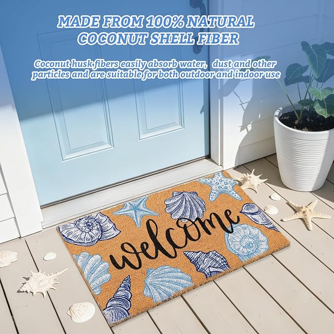 JarThenaAMCS Seashell Beach Doormat Natural Coir Welcome Floor Mat Blue White Coastal Starfish Conch Non-Slip Entrance Door Rug for Summer Indoor Outdoor Home Bathroom Decor